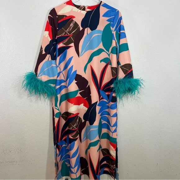 Tuckernuck Vibrant Palm Midi Dress Feather Cuff Sleeves Resort Statement Dress - Picture 2 of 8